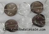 CSQ153 15.5 inches 16mm twisted coin white crystal & smoky quartz beads