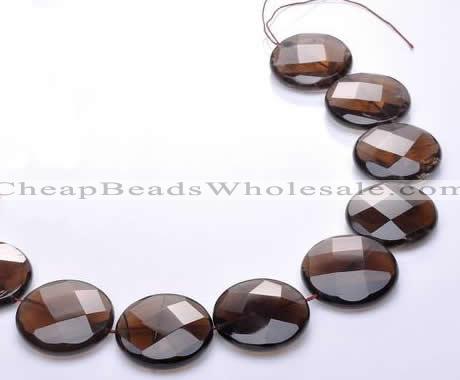 CSQ22 AB grade 30mm faceted coin natural smoky quartz beads