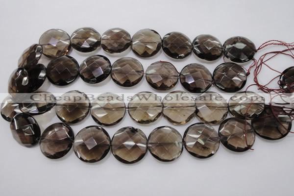 CSQ220 15.5 inches 25mm faceted coin grade AA natural smoky quartz beads