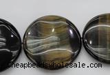 CTE1352 15.5 inches 30mm flat round yellow & blue tiger eye beads