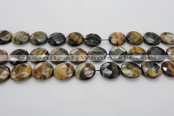 CTE1356 15.5 inches 20mm faceted coin yellow & blue tiger eye beads