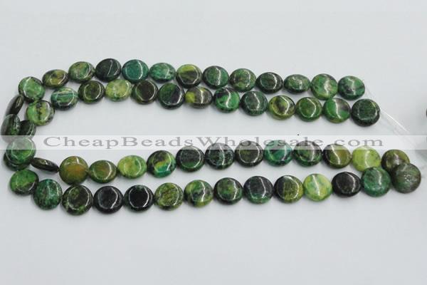 CTP08 15.5 inches 14mm flat round yellow green pine gemstone beads