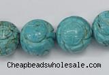 CTU884 15.5 inches 18mm carved round dyed turquoise beads