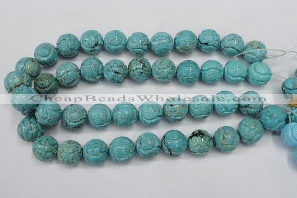 CTU884 15.5 inches 18mm carved round dyed turquoise beads