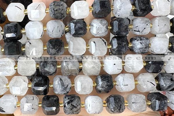 CUBE226 15 inches 10mm faceted cube black rutilated quartz beads wholesale