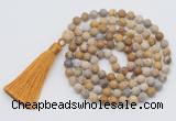 GMN1006 Hand-knotted 8mm, 10mm matte fossil coral 108 beads mala necklaces with tassel