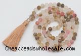 GMN1022 Hand-knotted 8mm, 10mm matte volcano cherry quartz 108 beads mala necklaces with tassel