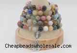 GMN1150 Hand-knotted 8mm, 10mm mixed gemstone 108 beads mala necklaces with charm