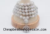 GMN1183 Hand-knotted 8mm, 10mm white crazy agate 108 beads mala necklaces with charm