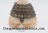 GMN1239 Hand-knotted 8mm, 10mm smoky quartz 108 beads mala necklaces with charm