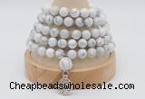 GMN1245 Hand-knotted 8mm, 10mm white howlite 108 beads mala necklaces with charm