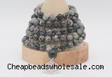 GMN1265 Hand-knotted 8mm, 10mm black water jasper 108 beads mala necklaces with charm