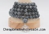 GMN1267 Hand-knotted 8mm, 10mm snowflake obsidian 108 beads mala necklaces with charm