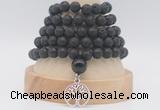 GMN1275 Hand-knotted 8mm, 10mm black lava 108 beads mala necklaces with charm