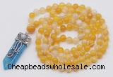 GMN1421 Hand-knotted 8mm, 10mm yellow banded agate 108 beads mala necklace with pendant