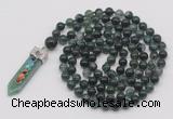 GMN1424 Hand-knotted 8mm, 10mm moss agate 108 beads mala necklace with pendant