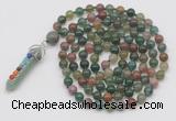 GMN1425 Hand-knotted 8mm, 10mm Indian agate 108 beads mala necklace with pendant