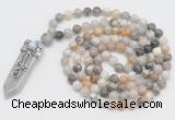 GMN1522 Hand-knotted 8mm, 10mm bamboo leaf agate 108 beads mala necklace with pendant