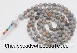 GMN1523 Hand-knotted 8mm, 10mm silver needle agate 108 beads mala necklace with pendant