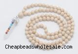 GMN1554 Knotted 8mm, 10mm white fossil jasper 108 beads mala necklace with pendant