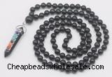 GMN1561 Knotted 8mm, 10mm black obsidian 108 beads mala necklace with pendant