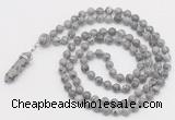 GMN1652 Hand-knotted 6mm grey picture jasper 108 beads mala necklaces with pendant