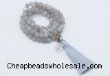 GMN1752 Knotted 8mm, 10mm grey banded agate 108 beads mala necklace with tassel & charm