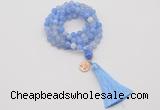 GMN1753 Knotted 8mm, 10mm blue banded agate 108 beads mala necklace with tassel & charm