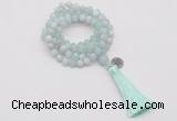 GMN1754 Knotted 8mm, 10mm sea blue banded agate 108 beads mala necklace with tassel & charm