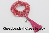 GMN1756 Knotted 8mm, 10mm red banded agate 108 beads mala necklace with tassel & charm