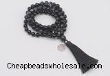 GMN1758 Knotted 8mm, 10mm black banded agate 108 beads mala necklace with tassel & charm