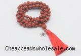 GMN1769 Knotted 8mm, 10mm red jasper 108 beads mala necklace with tassel & charm