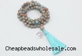 GMN1781 Knotted 8mm, 10mm serpentine jasper 108 beads mala necklace with tassel & charm