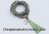 GMN1791 Knotted 8mm, 10mm rhyolite 108 beads mala necklace with tassel & charm