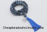 GMN1798 Knotted 8mm, 10mm dumortierite 108 beads mala necklace with tassel & charm