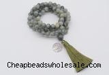 GMN1816 Knotted 8mm, 10mm seaweed quartz 108 beads mala necklace with tassel & charm