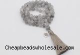 GMN1818 Knotted 8mm, 10mm cloudy quartz 108 beads mala necklace with tassel & charm