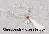 GMN1822 Knotted 8mm, 10mm white crystal 108 beads mala necklace with tassel & charm