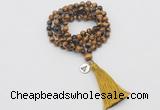 GMN1827 Knotted 8mm, 10mm yellow tiger eye 108 beads mala necklace with tassel & charm