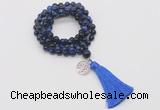 GMN1835 Knotted 8mm, 10mm blue tiger eye 108 beads mala necklace with tassel & charm