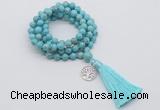 GMN1837 Knotted 8mm, 10mm blue howlite 108 beads mala necklace with tassel & charm