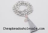 GMN1839 Knotted 8mm, 10mm white howlite 108 beads mala necklace with tassel & charm