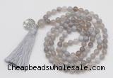 GMN1861 Knotted 8mm, 10mm grey banded agate 108 beads mala necklace with tassel & charm