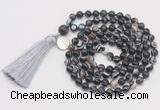 GMN1862 Knotted 8mm, 10mm black banded agate 108 beads mala necklace with tassel & charm