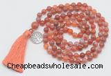 GMN1866 Knotted 8mm, 10mm fire agate 108 beads mala necklace with tassel & charm