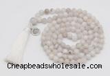 GMN1871 Knotted 8mm, 10mm white crazy agate 108 beads mala necklace with tassel & charm