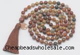 GMN1878 Knotted 8mm, 10mm picasso jasper 108 beads mala necklace with tassel & charm