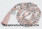 GMN1890 Knotted 8mm, 10mm pink zebra jasper 108 beads mala necklace with tassel & charm