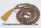 GMN1892 Knotted 8mm, 10mm red moss agate 108 beads mala necklace with tassel & charm