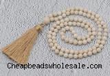 GMN200 Hand-knotted 6mm white fossil jasper 108 beads mala necklaces with tassel